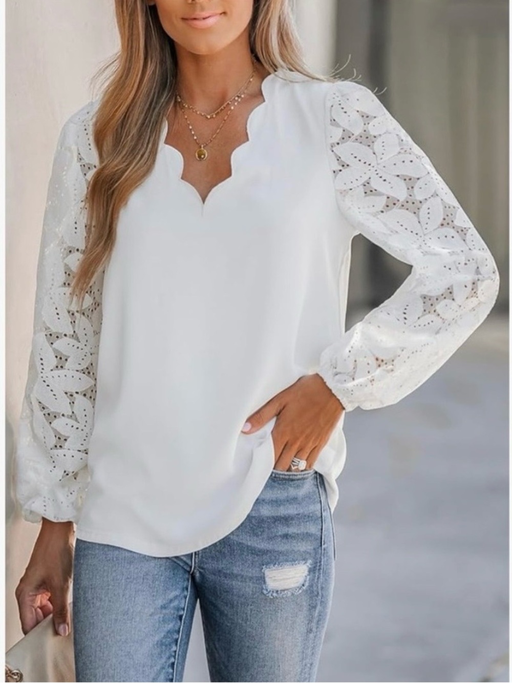 Cupshe White Scalloped Lace Sleeve Blouse |
Romantic Long Sleeve Top| Size L